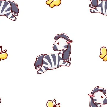 Seamless pattern, cute kawaii hand drawn zebra doodles Stock Illustration