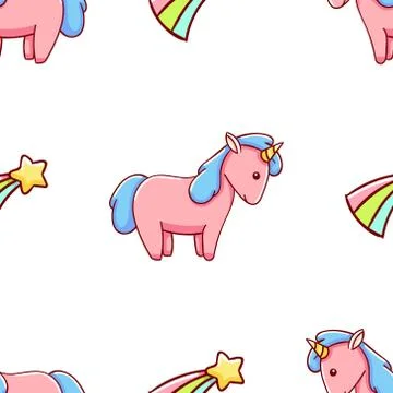 Seamless pattern, cute kawaii hand drawn pink unicorn doodles Stock Illustration