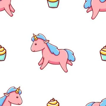Seamless pattern, cute kawaii hand drawn pink unicorn doodles Stock Illustration