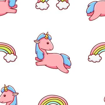 Seamless pattern, cute kawaii hand drawn pink unicorn doodles Stock Illustration