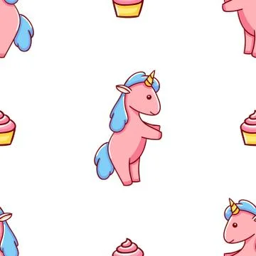 Seamless pattern, cute kawaii hand drawn pink unicorn doodles Stock Illustration