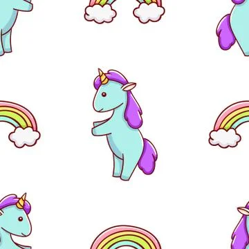 Seamless pattern, cute kawaii hand drawn blue unicorn doodles Stock Illustration
