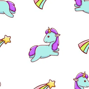Seamless pattern, cute kawaii hand drawn blue unicorn doodles Stock Illustration