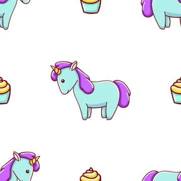 Seamless pattern, cute kawaii hand drawn blue unicorn doodles Stock Illustration