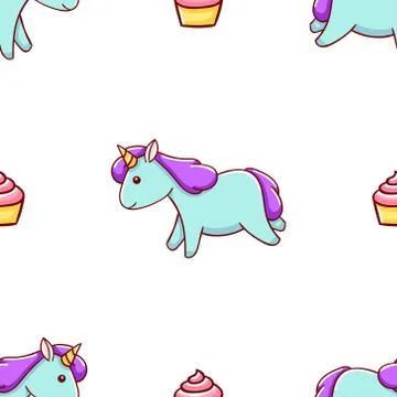 Seamless pattern, cute kawaii hand drawn blue unicorn doodles Stock Illustration