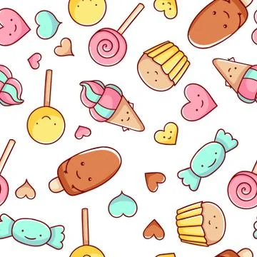 Seamless pattern, cute kawaii hand drawn sweet doodles Stock Illustration