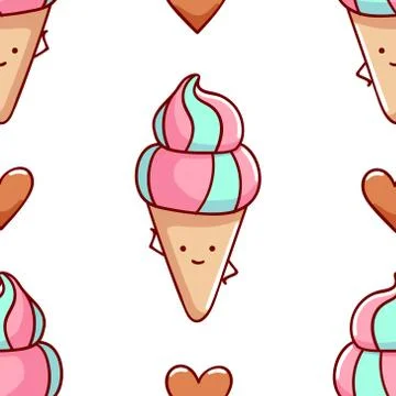 Seamless pattern, cute kawaii hand drawn ice cream doodles Stock Illustration