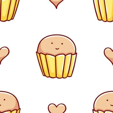 Seamless pattern, cute kawaii hand drawn cupcake doodles Stock Illustration