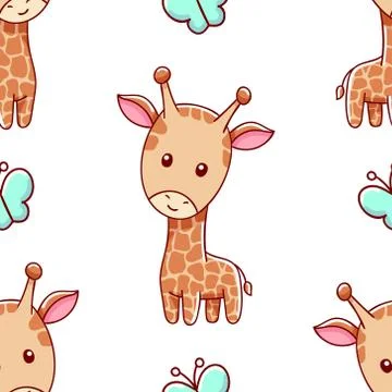 Seamless pattern, cute kawaii hand drawn giraffe doodles Stock Illustration