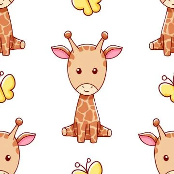 Seamless pattern, cute kawaii hand drawn giraffe doodles Stock Illustration