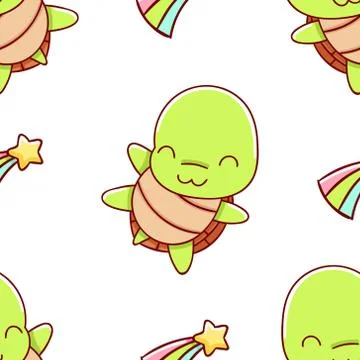 Seamless pattern, cute kawaii hand drawn turtle doodles Stock Illustration