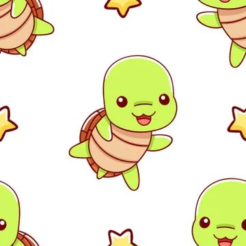 Seamless pattern, cute kawaii hand drawn turtle doodles 스톡 일러스트