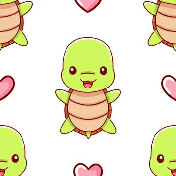 Seamless pattern, cute kawaii hand drawn turtle doodles Stock Illustration