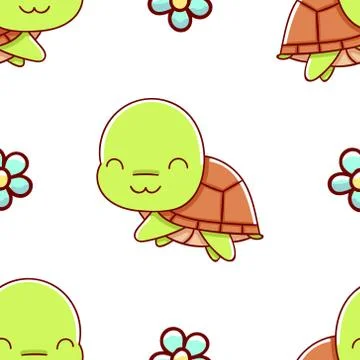 Seamless pattern, cute kawaii hand drawn turtle doodles Stock Illustration