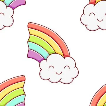 Seamless pattern, cute kawaii hand drawn rainbow doodles Stock Illustration