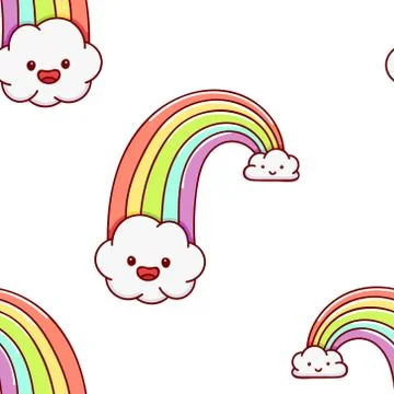 Seamless pattern, cute kawaii hand drawn rainbow doodles Stock Illustration