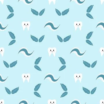 Seamless pattern with cute kawaii healthy tooth. Vector illustration of carto Stock Illustration