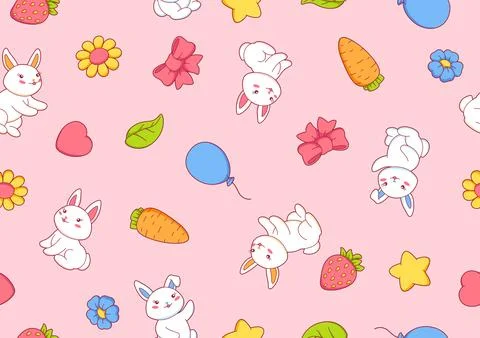 Seamless pattern with cute kawaii little bunnies. Funny characters and Illustrazione stock