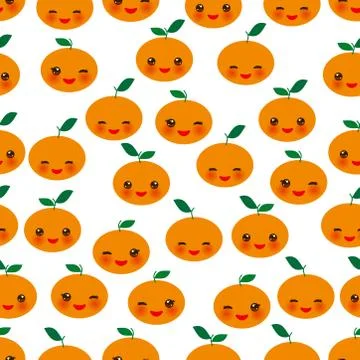 Seamless pattern cute Kawaii mandarin orange with wink eyes and pink cheeks,  Stock Illustration