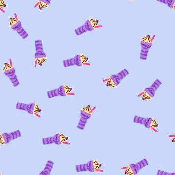 Seamless pattern cute kawaii milkshake character with whipped cream and straw Stock Illustration