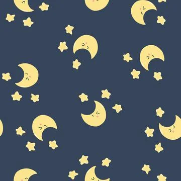 Seamless pattern with cute kawaii moon and stars on dark background. Vector hand Stock Illustration