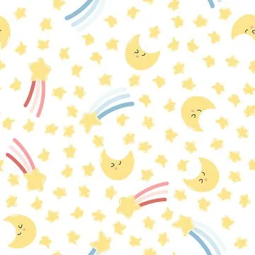 Seamless pattern with cute kawaii moon and falling stars. Vector hand drawn Stock Illustration