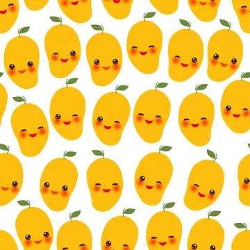 Seamless pattern with cute Kawaii orange mango with wink eyes and pink cheeks Stock Illustration