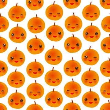 Seamless pattern cute Kawaii orange peach apricot with wink eyes and pink che Stock Illustration