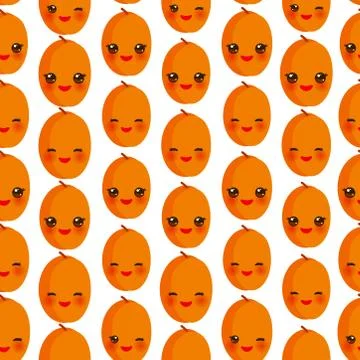 Seamless pattern cute Kawaii orange peach apricot with wink eyes and pink che Stock Illustration