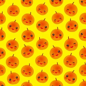 Seamless pattern cute Kawaii orange peach apricot with wink eyes and pink che Stock Illustration