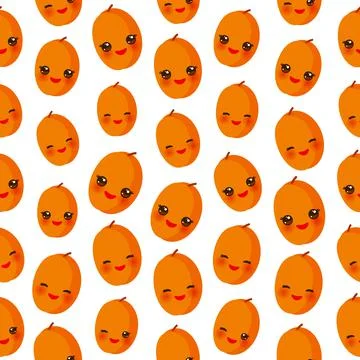 Seamless pattern cute Kawaii orange peach apricot with wink eyes and pink che Illustrazione stock
