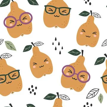 Seamless pattern with cute kawaii pears. Stock Illustration