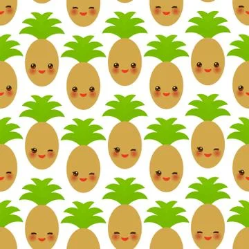 Seamless pattern with cute Kawaii pineapple with wink eyes and pink cheeks, i Stock Illustration