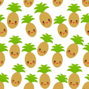 Seamless pattern with cute Kawaii pineapple with wink eyes and pink cheeks, i 스톡 일러스트