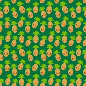 Seamless pattern with cute Kawaii pineapple with wink eyes and pink cheeks, o Stock Illustration