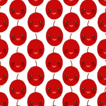 Seamless pattern cute Kawaii red lychee with wink eyes and pink cheeks, isola Stock Illustration