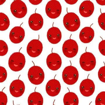 Seamless pattern cute Kawaii red lychee with wink eyes and pink cheeks, isola Stock Illustration