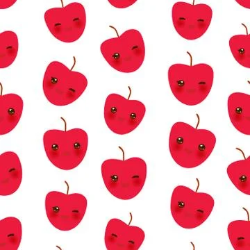 Seamless pattern with cute Kawaii red apple with wink eyes and pink cheeks, i Stock Illustration