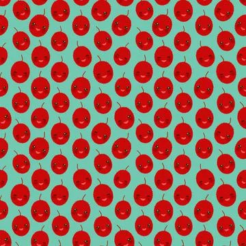 Seamless pattern cute Kawaii red lychee with wink eyes and pink cheeks, on bl Stock Illustration