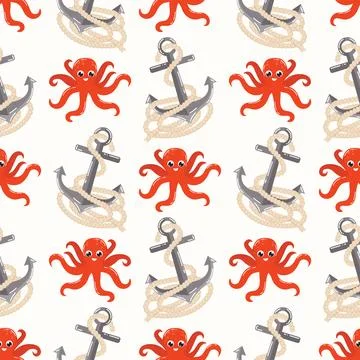 Seamless pattern with cute kawaii red octopus and sea anchor in polka dot o.. Stock Illustration
