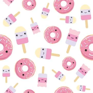 Seamless pattern. cute kawaii styled ice cream and pink glazed donuts. Stock Illustration