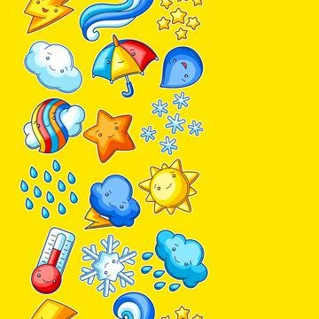 Seamless pattern with cute kawaii weather items. Funny seasonal child Illustrazione stock