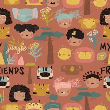 Seamless pattern with cute kids faces and jungle animals Illustrazione stock