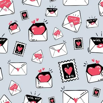 Seamless pattern with cute kissed envelope, stamps, love letters mails イラスト素材