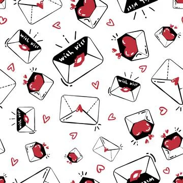 Seamless pattern with cute kissed envelope, love letters mails with red heart Stock Illustration