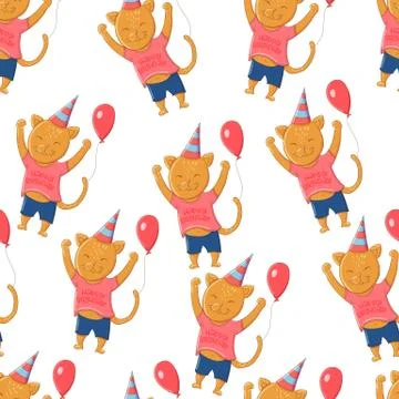 Seamless pattern cute kitten in a cap and a balloon. Stock Illustration