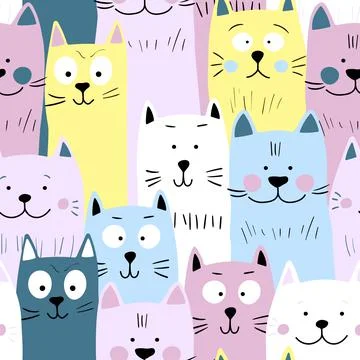 Seamless pattern with cute kitten print. Different scandy cats on color 스톡 일러스트