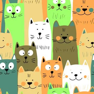 Seamless pattern with cute kitten print. Different scandy cats on color Stock Illustration