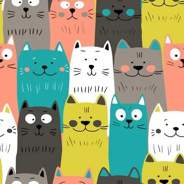 Seamless pattern with cute kitten print. Different scandy cats on color 스톡 일러스트