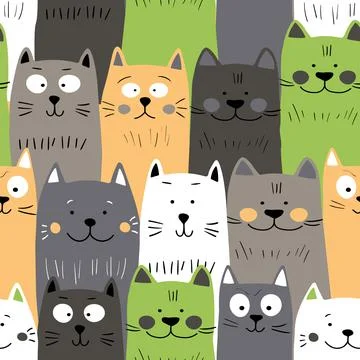 Seamless pattern with cute kitten print. Different scandy cats on color 스톡 일러스트